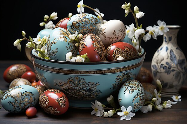 Photo easter decor with painted red and blue eggs