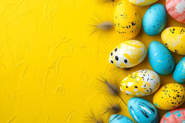 Easter decorated eggs on a yellow background