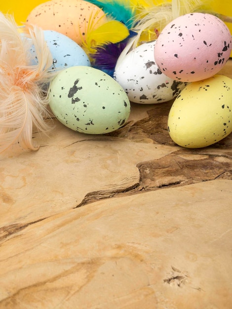 Easter decoration colorful eggs on wooden background