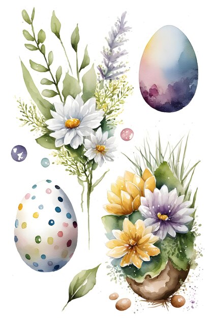 イースターの装飾コンセプト 白い背景に花の水彩画 ジェネレーティブ AI