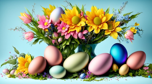 Easter decoration Easter composition with colored eggs and flowers Flat lay Generative AI
