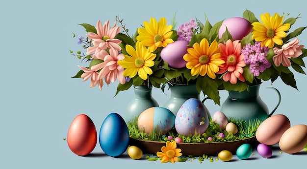 Easter decoration Easter composition with colored eggs and flowers Flat lay Generative AI