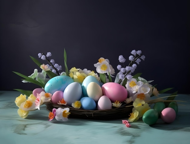 Easter decoration Easter composition with colored eggs and flowers Generative AI