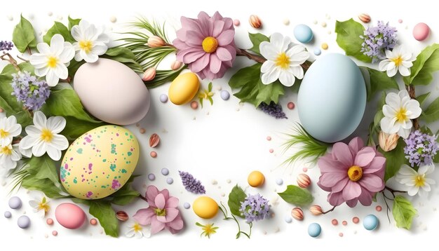 Easter decoration Easter composition with colored eggs and flowers on white background Generative AI