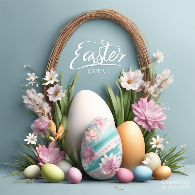 Easter decoration Easter composition with colored eggs and flowers on white background