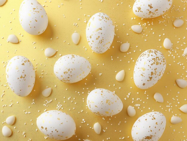 Easter decoration white eggs on gold background Top view