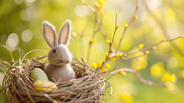 Пасхальное украшение с ремесленным пасхальным кроликом в солнечном гнезде