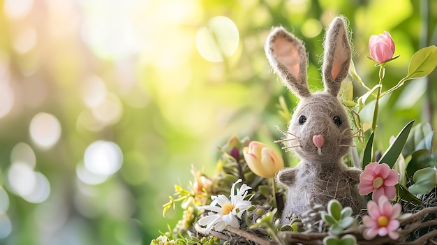 Пасхальное украшение с ремесленным пасхальным кроликом в солнечном гнезде