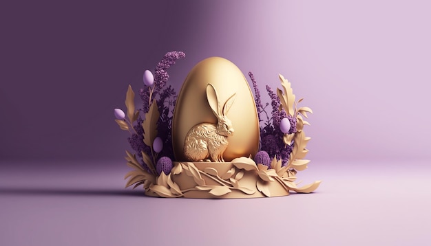 Easter decoration with easter bunny golden egg and flowers on violet