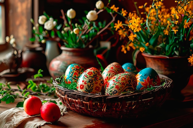 Photo easter decorations on an old wooden kitchen worktop