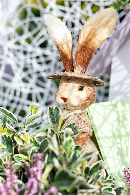 Foto composizione decorativa di pasqua con coniglio carino e piante verdi