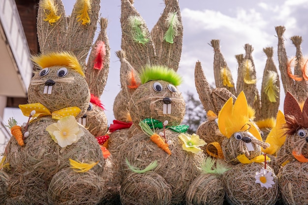 Easter decorative straw rabbit bunny Easter street market day off sunny weather