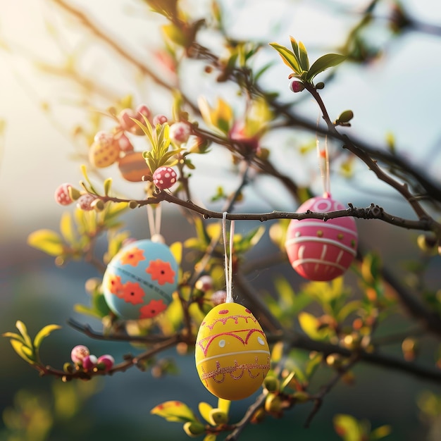 Easter Delight HandPainted Eggs Swinging Gently from the Green Branches on a Sunny Day