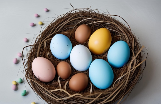 Easter Delights BlueToned eiercompositie met strik en nest