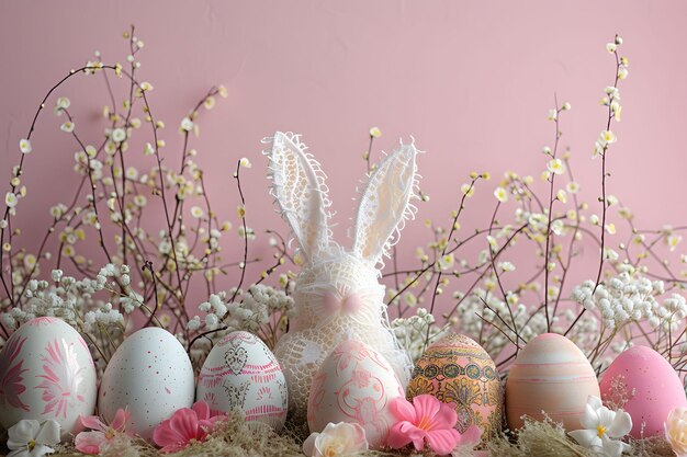 Easter Display with Lace Bunny Ears and Floral Eggs