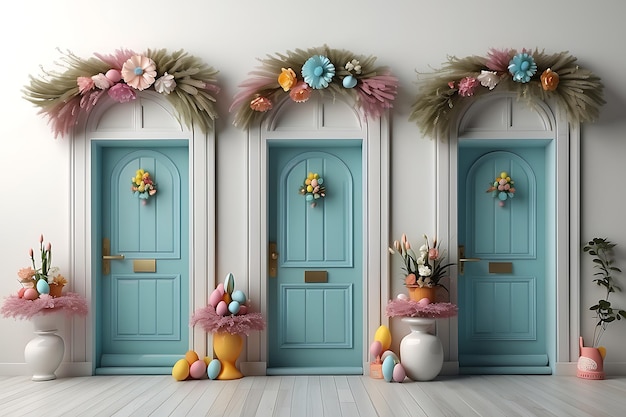 Easter doors decoration with eggs and flowers decorated for Easter with spring flowers and colored