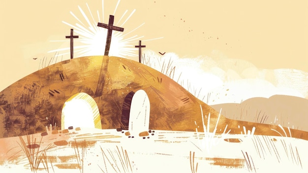 Easter drawing of the empty tomb with two crosses one in front of the cave entrance and the other with a stone pushed away