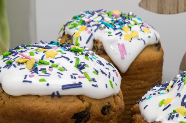 Easter Easter cake with raisins and icing sprinkled with colorful sprinkles