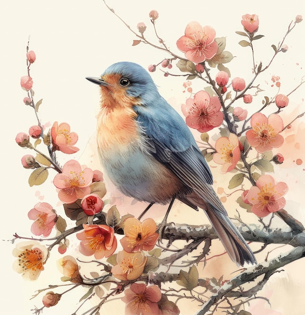 На пасхальной открытке есть птица и цветы.