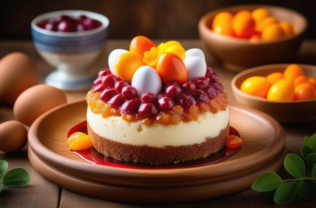 Пасхальные выпечки традиционный пасхальный торт, украшенный вареньем и цветными яйцами, фруктовый пирог
