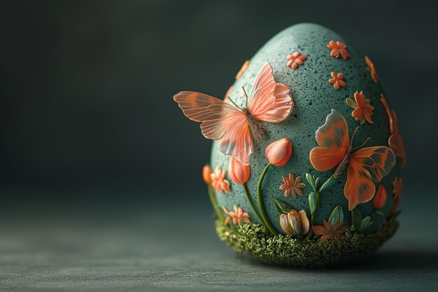 Easter egg adorned with vibrant tulips and playful butterflies