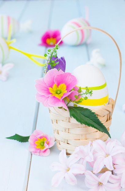 Easter egg in a basket decorated with flowers