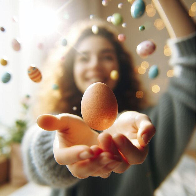 Foto un uovo di pasqua tenuto o lanciato in aria