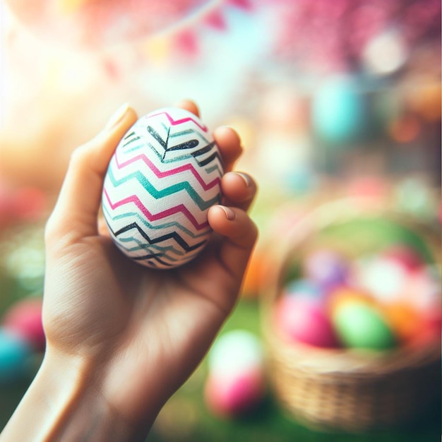 A Easter egg being held or tossed in the air