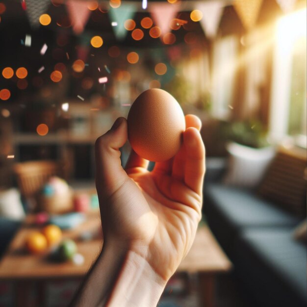 Foto un uovo di pasqua tenuto o lanciato in aria