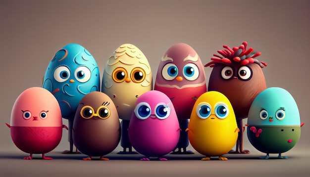 Foto carattere dell'uovo di pasqua carino adorabile sfondo di pasqua gruppo di uova colorate cartoni animati caratteri realistici 3d