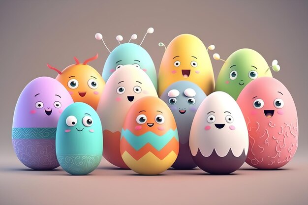 Easter egg character Group of colorful eggs cartoon characters AI