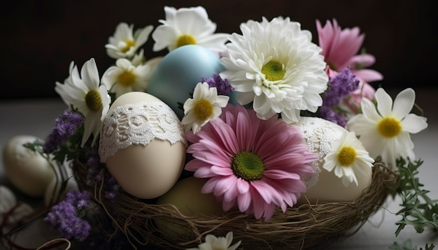 Easter Egg Decoration With Flower Bouquet generate ai