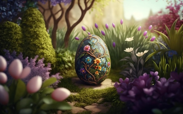 Easter egg hunt in a blooming spring garden bunny egg background colorful big egg painting