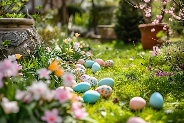 写真 花がく春の庭でイースターエッグの狩り