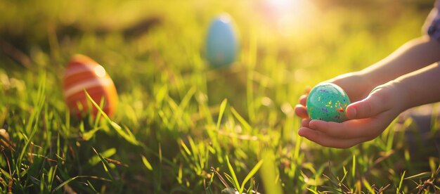 Easter egg hunt Little child hunting for colorful painted eggs in spring garden on Easter day