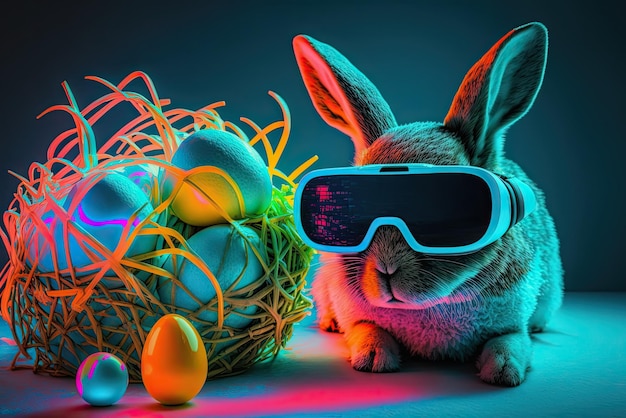 Easter egg hunt on our metaverse fashion hipster easter bunny with vr glasses and easter eggs on black background ai generative