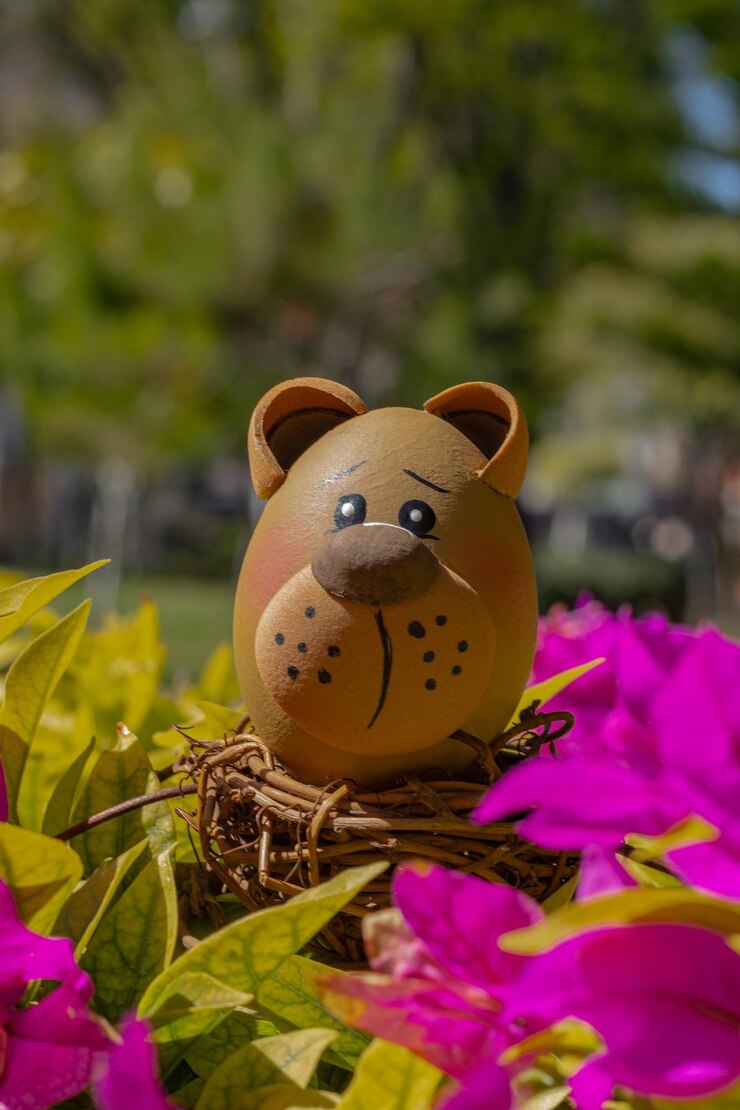 Photo easter egg hunt with beautifully decorated eggs featuring animal