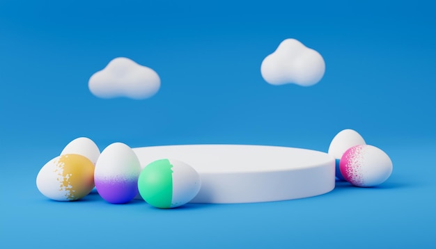 Easter egg on podium 3d render illustration on blue background happy easter day concept minimal scene with pedestal and egg