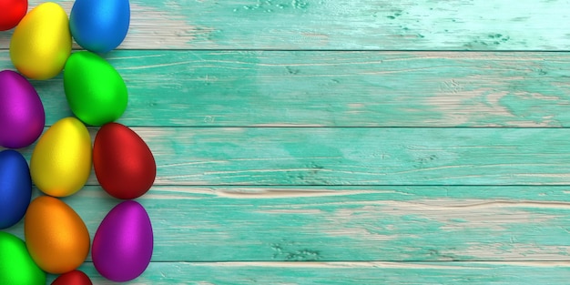 イースターエッグウサギバニーゴールデンブルー赤紫緑木製抽象パステル背景壁紙コピースペース空の空白ハッピーホリデー3月4月シーズン祝祭パーティーevent3dレンダリング