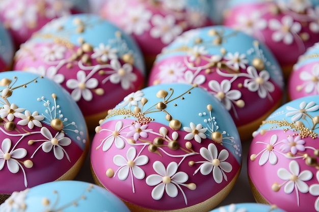 easter egg shaped cookies with colorful icing and painting floral ornament