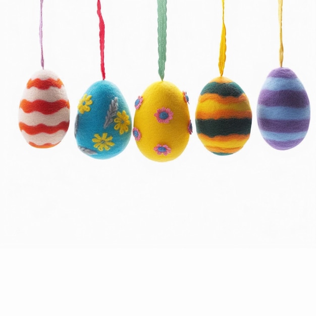 Фото Ремесла из хлопчатобумажной нити в форме пасхального яйца, висящие сверху концепция счастливого пасхального дня