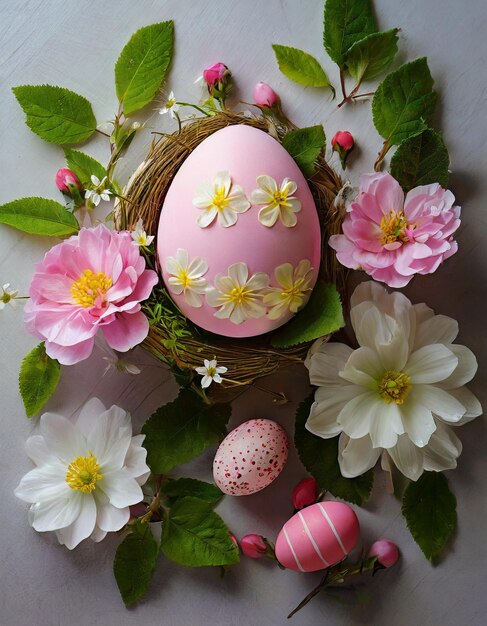 пасхальное яйцо с цветами и корзиной с цветами