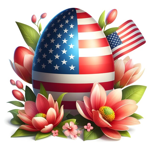 Photo easter egg with usa flag and every side spring flower