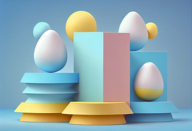 Easter eggs on a 3D platform for product display in blue scene background Generative ai