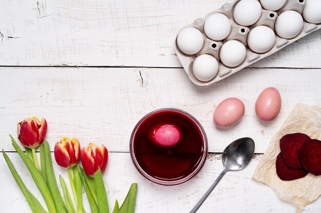 Easter eggs are colored with natural egg dye from fruits and vegetables, beet juice.