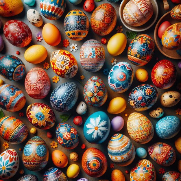 Easter eggs background Colorful Easter eggs background Top view