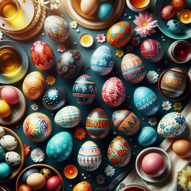 Easter eggs background Colorful Easter eggs background Top view