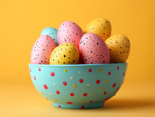 Easter eggs balanced on a bowl on yellow background