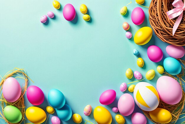 Easter eggs and basket on a blue background