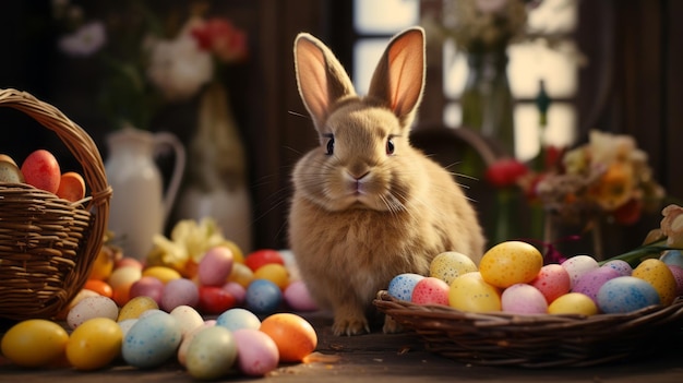 Easter eggs in a basket and a bunny on the table in rustic style